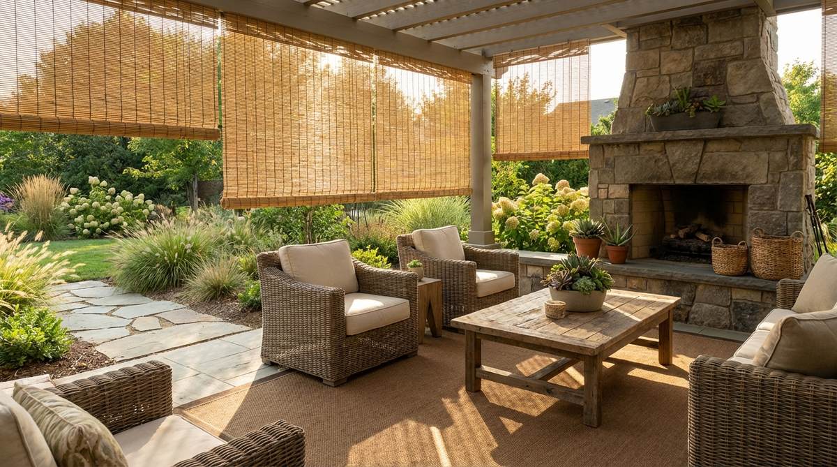 Natural bamboo roller shades filtering sunlight with visible horizontal grain patterns, creating warm ambient light in an earthy boho-inspired room with wood furniture tones.