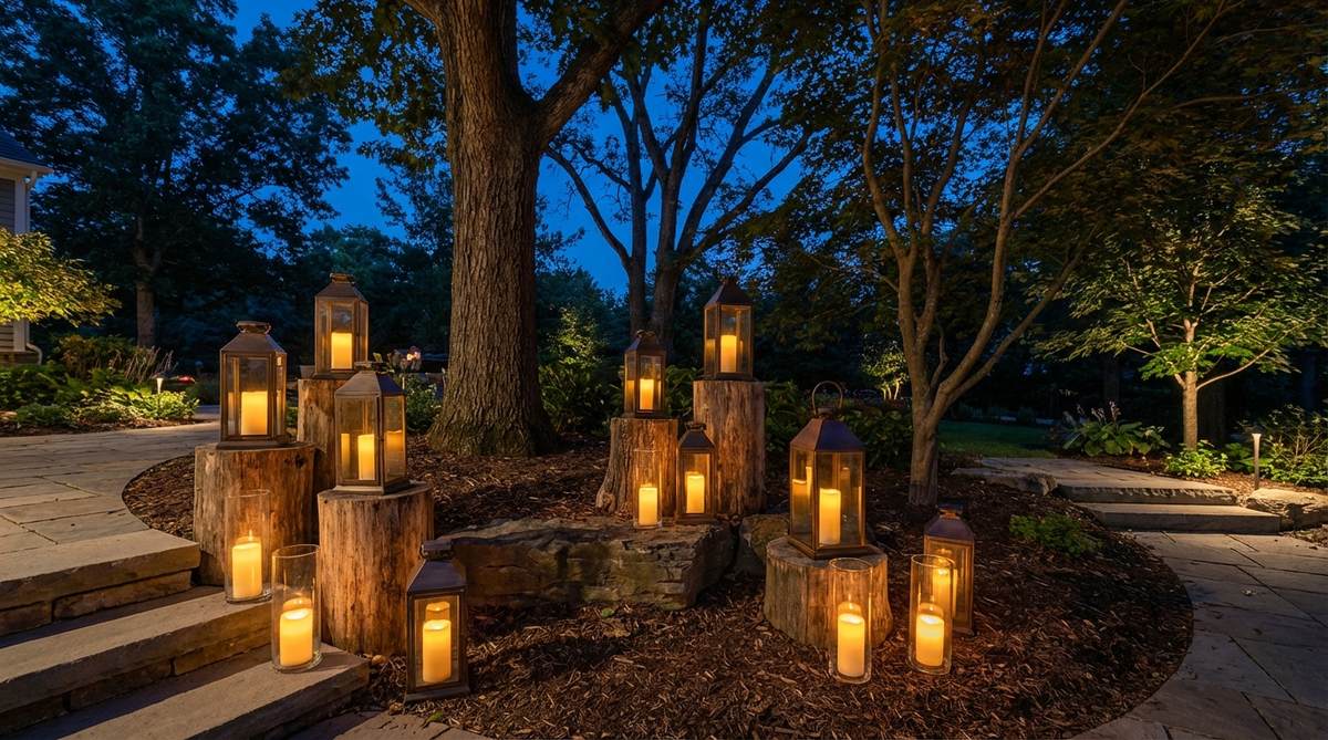 LED candle clusters arranged at varying heights near tree bases, creating flickering warm glow and dramatic nighttime silhouettes through branches. Weatherproof lanterns and clear cylinders protect candles for outdoor use with timer automation.