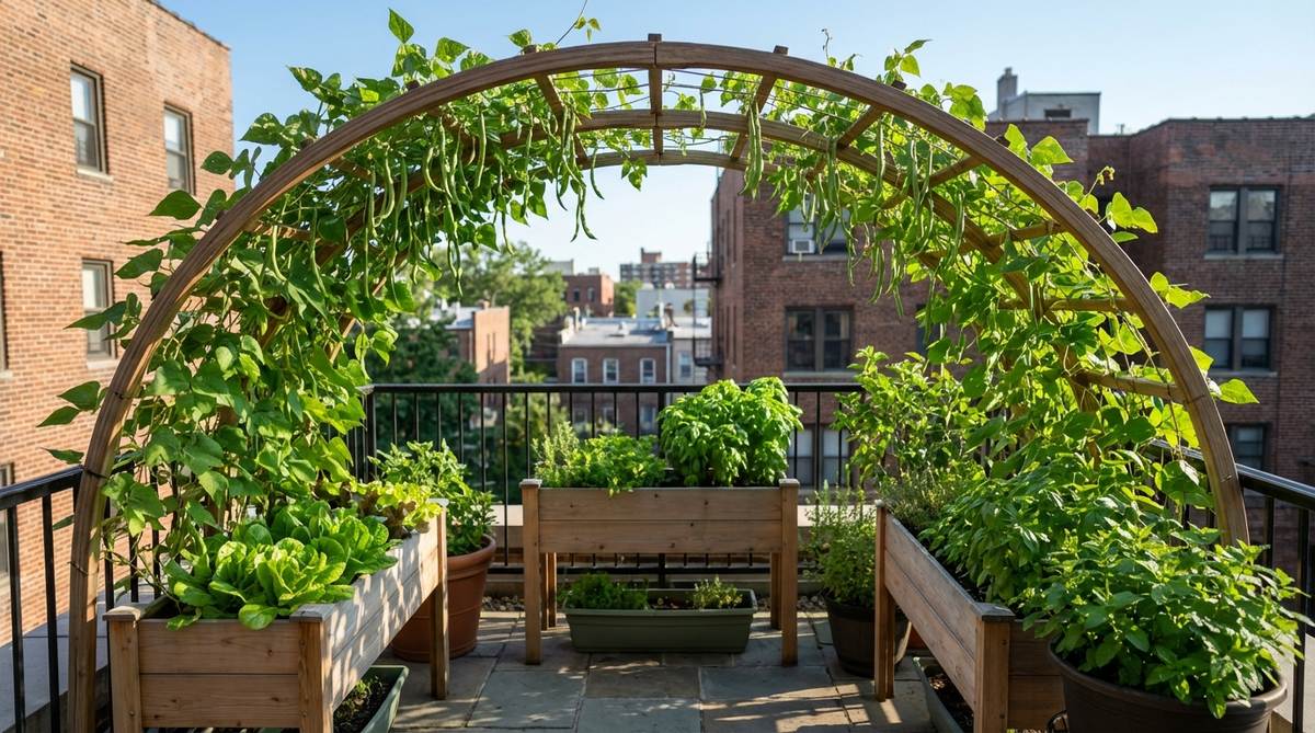 An arched trellis spanning a balcony width, with pole beans trained up and over to create an edible canopy. The setup provides shade for heat-sensitive crops like lettuce and herbs below, maximizing vertical space in an urban balcony garden.