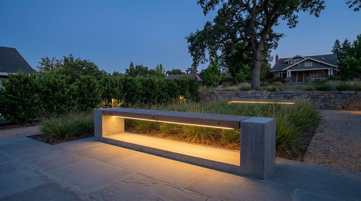 A modern garden bench featuring recessed LED strips along its base and under seat edges, providing ambient illumination after dark. The integrated lighting creates a dramatic floating effect while offering energy-efficient, low-voltage operation with warm white temperatures for inviting evening ambiance. Perfect for contemporary outdoor spaces requiring both seating and functional path lighting.