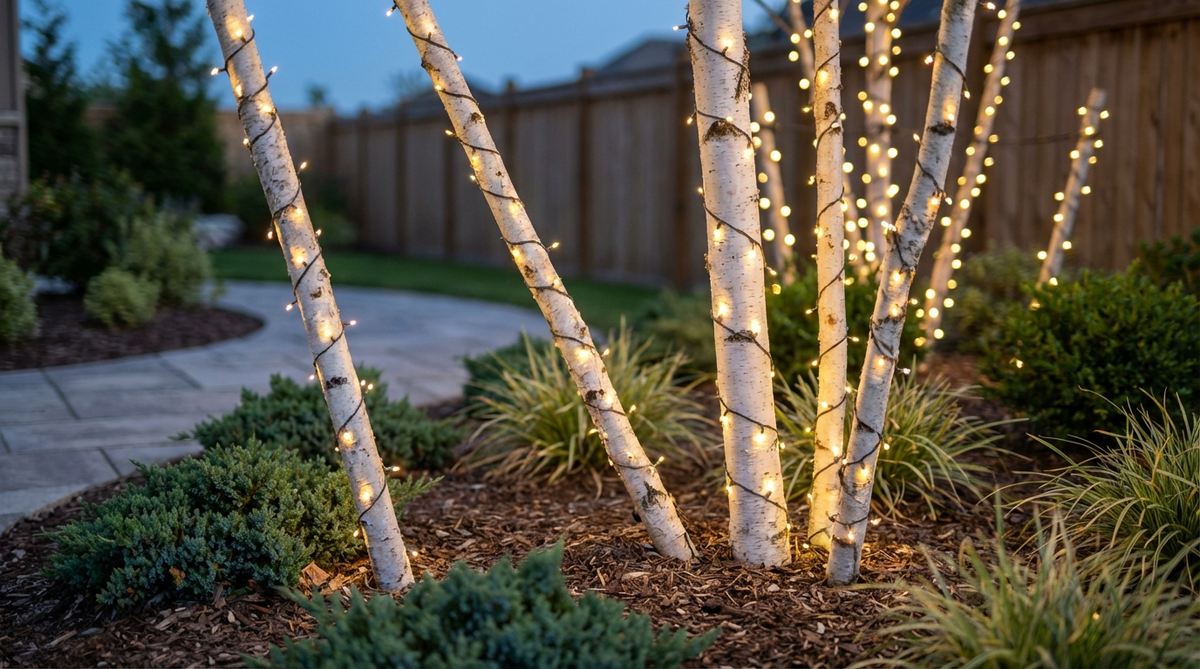 birch stake wrapped lights