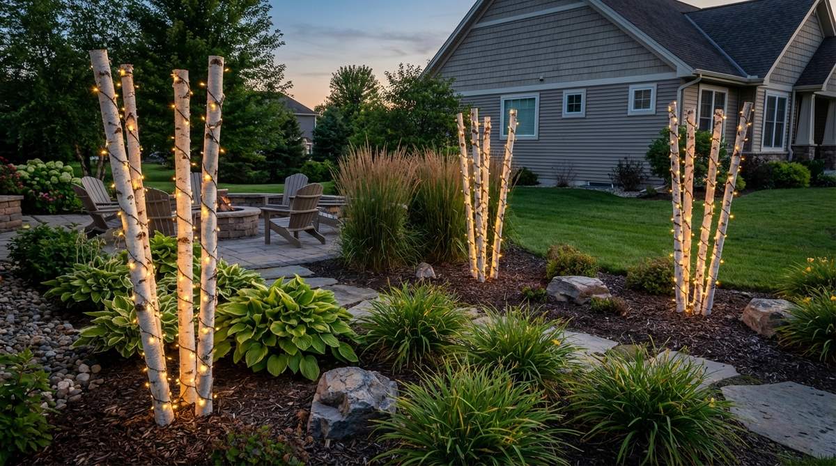 Natural birch stakes wrapped with micro LED lights create elegant vertical markers in garden designs. The white birch bark provides visual interest during the day while the soft LED glow illuminates the landscape at night. This design combines traditional lighting with natural aesthetics for understated elegance.