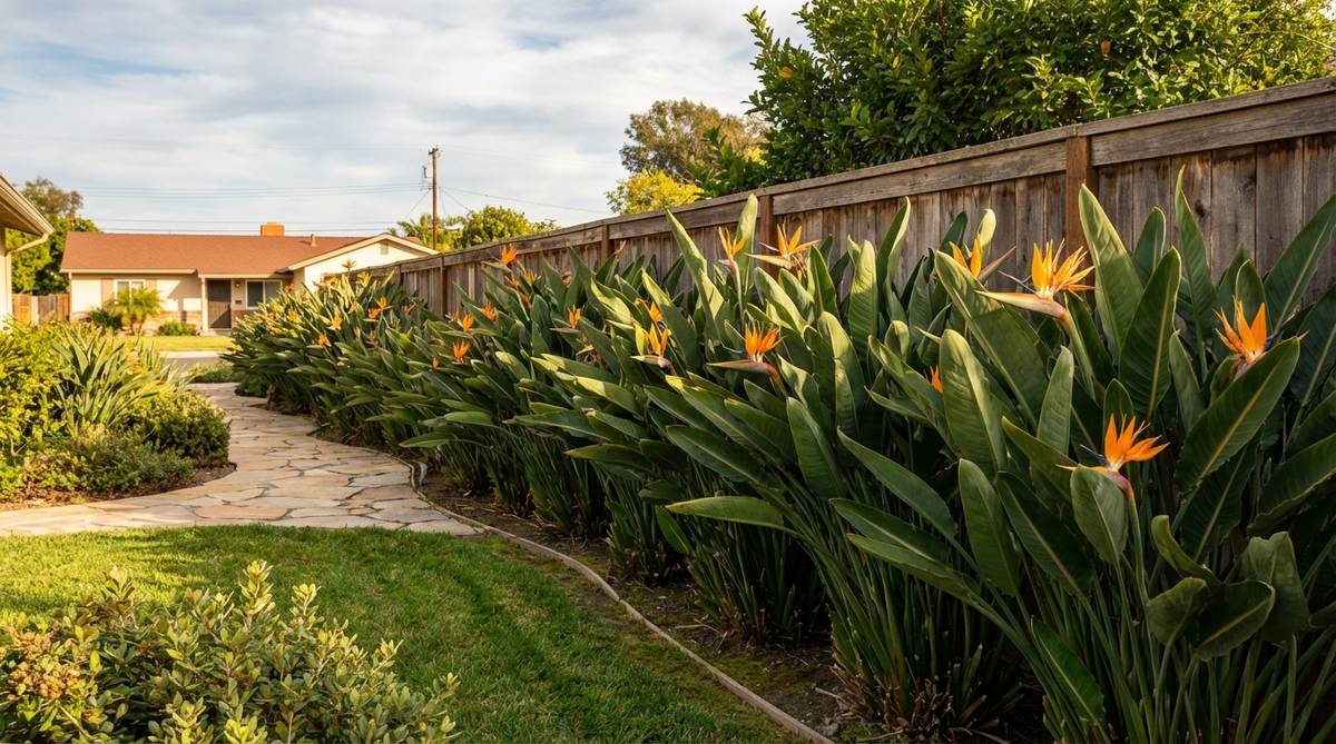 Strelitzia reginae with dramatic orange-and-blue flowers resembling tropical birds, planted along fence lines or property borders in zones 9-11. Large paddle-shaped leaves create bold textural statements year-round.