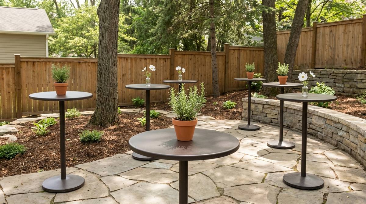 Small bistro tables scattered throughout a garden for standing-height mingling and drink placement at outdoor parties. The 30-inch round or square tables support 2-3 guests each during cocktail-format events, topped with weighted bases to prevent tipping and dressed with simple arrangements like potted herbs or single-stem flowers.