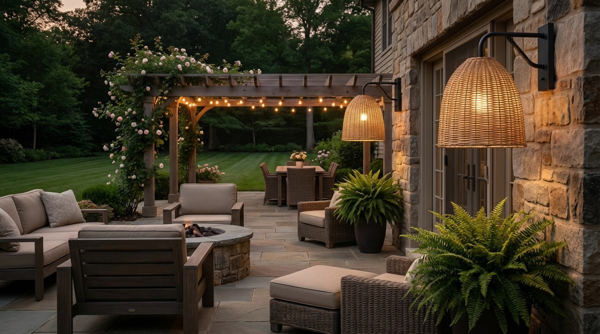 Wall-mounted fixtures with black metal arms and natural woven rattan or seagrass shades, providing a soft ambient glow and architectural definition in boho decor.