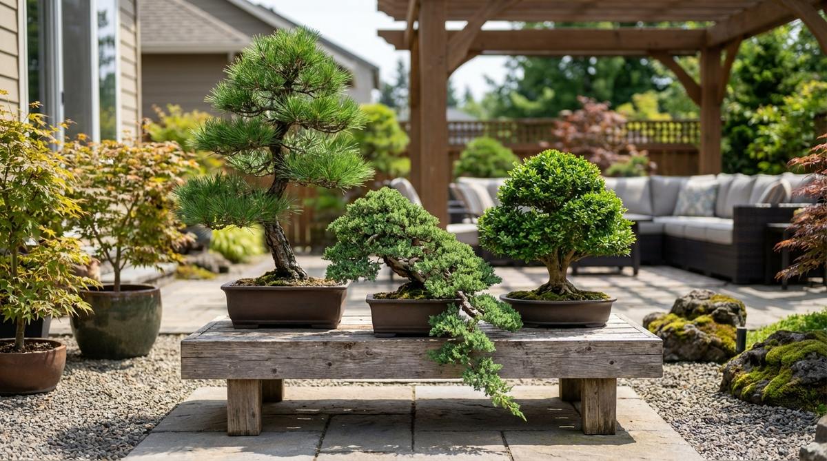 Three bonsai trees arranged in graduating sizes on a low wooden platform, featuring an upright pine, cascading juniper, and rounded boxwood in an asymmetrical triangle for visual interest, ideal for a Japanese balcony garden setting.