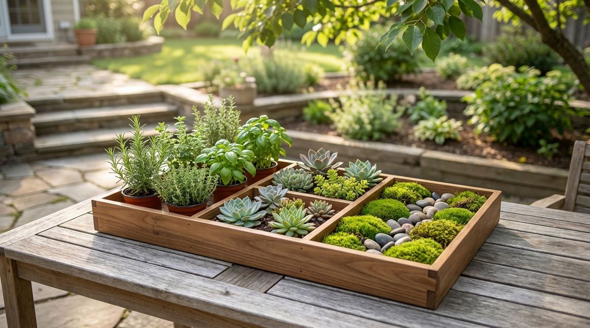 A mini garden in a sectioned wooden or ceramic tray, with compartments containing herbs, succulents, and moss, organized like a Japanese bento box for easy care and aesthetic appeal.