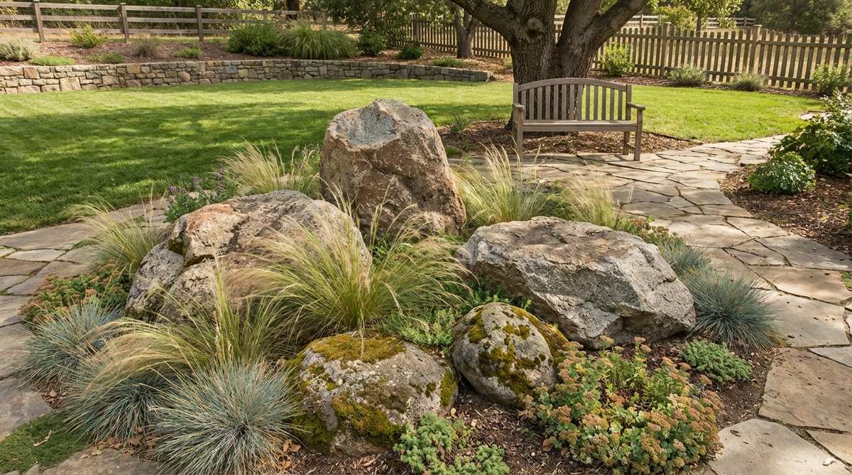 A natural arrangement of three or five boulders in asymmetrical clusters, mimicking natural outcroppings with varied sizes and orientations, integrated with ornamental grasses or low shrubs in a landscape setting.