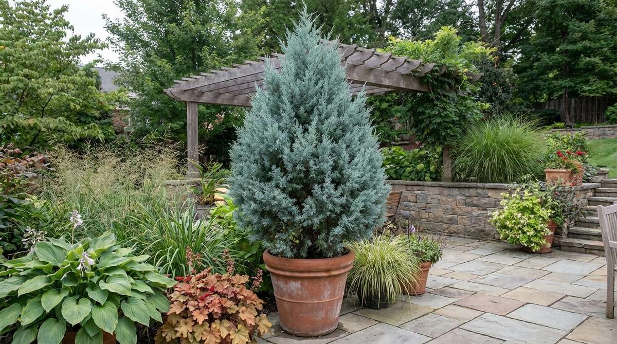 A dense pyramid-shaped Boulevard Cypress tree with soft blue-gray foliage, growing 10-15 feet tall in a container garden setting. The fine-textured conifer contrasts beautifully with broad-leafed plants and intensifies to steel blue in winter.