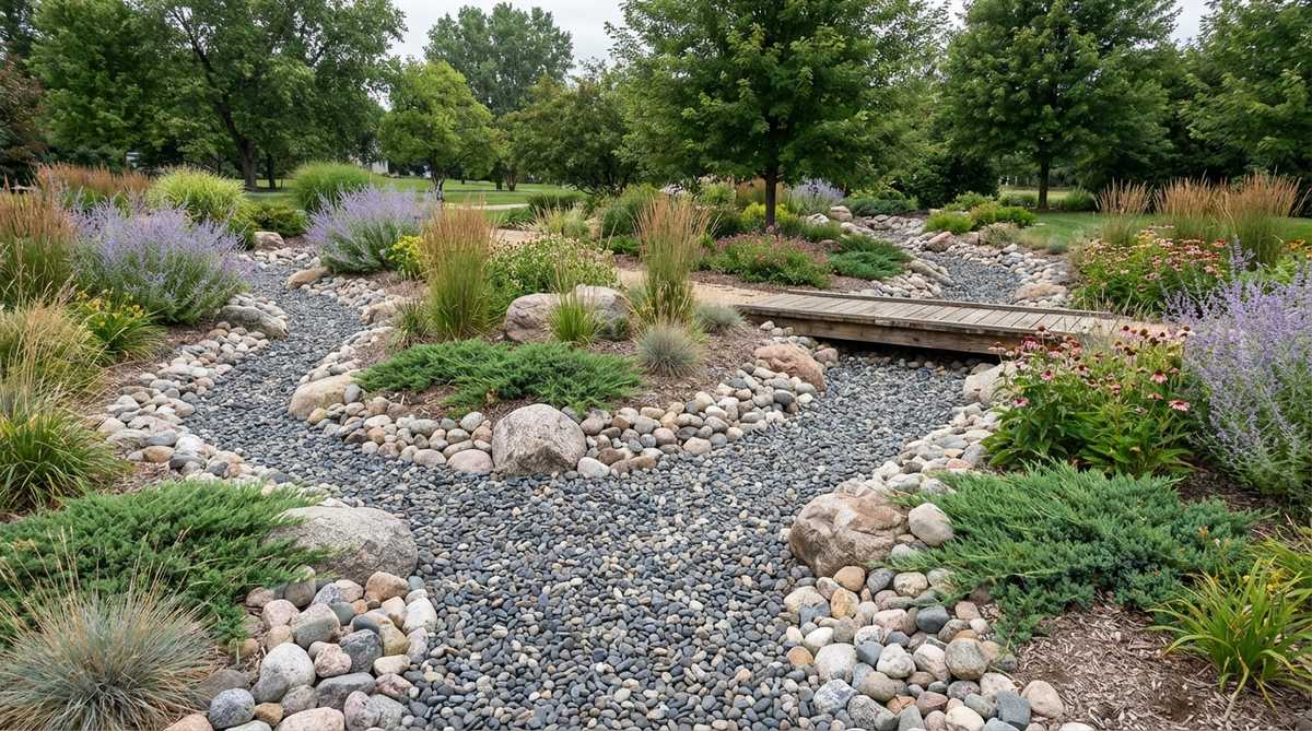 A garden design featuring a braided stream gravel pattern with multiple narrow gravel channels that diverge and reconnect, replicating complex stream hydrology. The pattern uses 1-2 inch gravel for flowing channels and larger cobbles as dividing islands, ideal for wider creek bed installations where space allows intricate patterns. This design adds visual interest while maintaining functional drainage capacity.