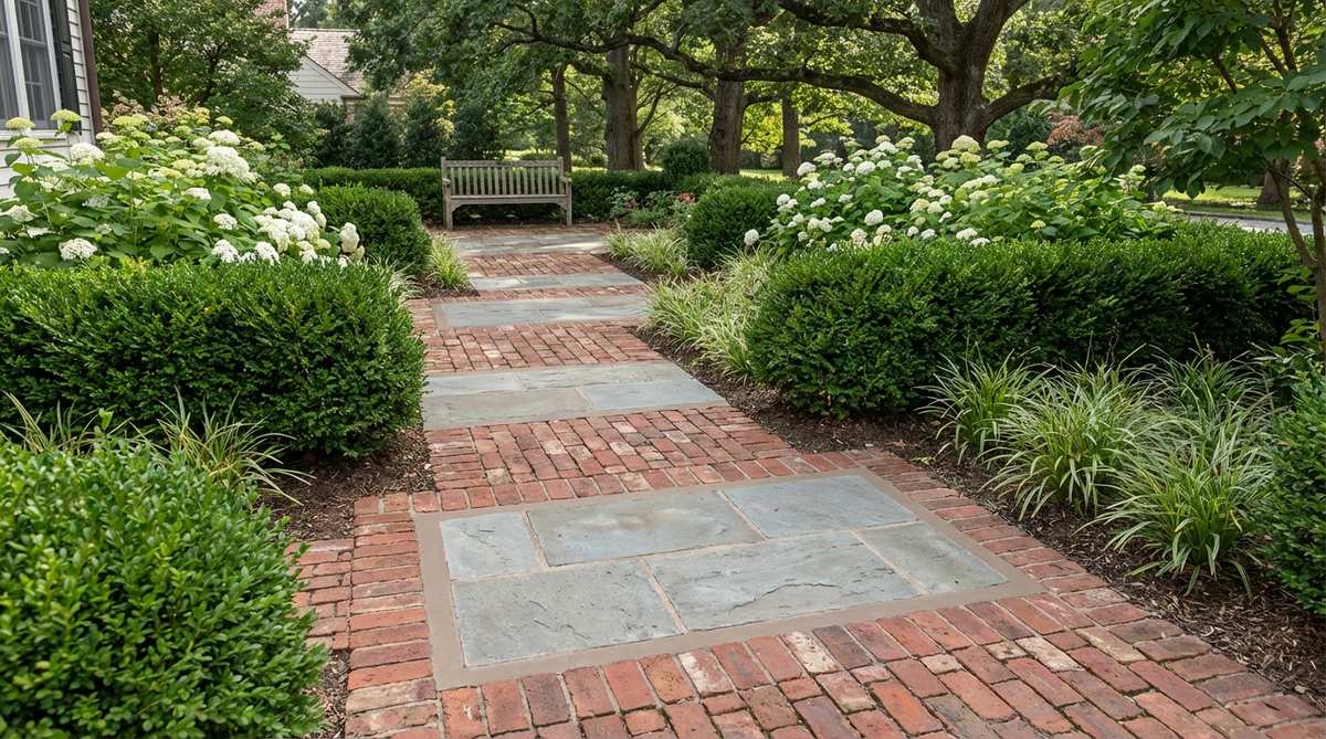 A close-up view of a garden pathway featuring alternating sections of brick paving and stone panels, showcasing visual rhythm and material contrast in a traditional landscape style. The matching mortar color unifies the materials, breaking up the path and adding design interest.