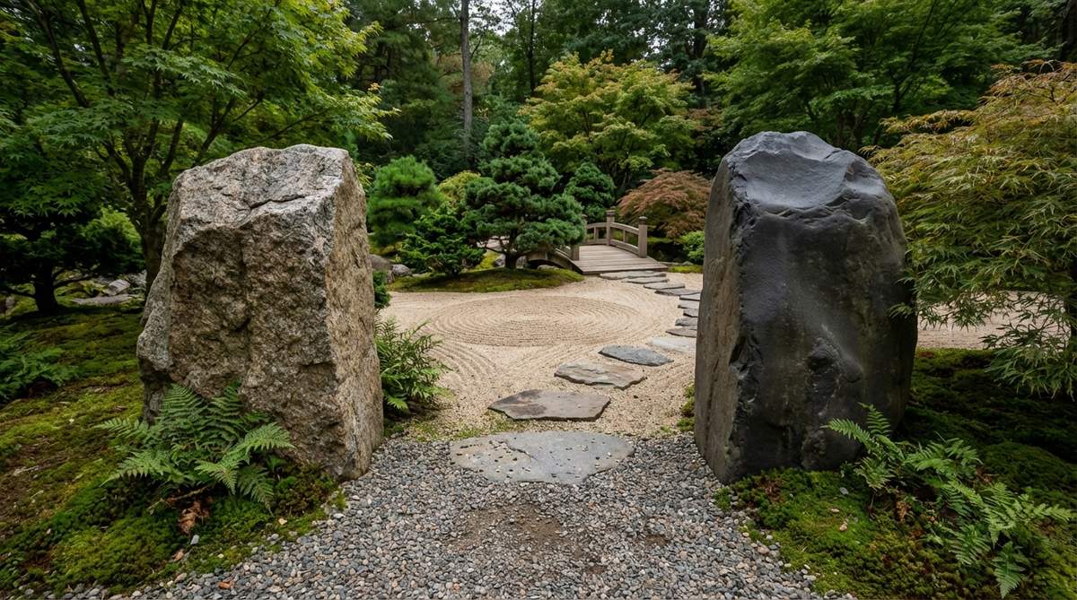 A pair of contrasting boulders flanking a pathway transition in a zen garden, positioned 4-6 feet apart to create a gateway effect marking bridge entrances or zone boundaries.