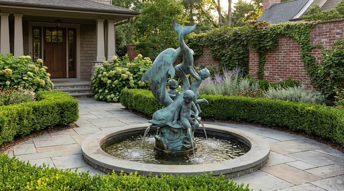 A bronze fountain sculpture combining visual art with water features, featuring traditional designs like children or dolphins or contemporary abstract forms. Suitable for formal courtyards, entry features, and meditation gardens, providing focal interest and ambient sound with attractive verdigris patina development.