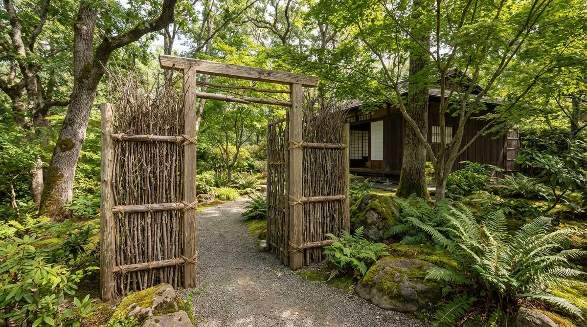 A rustic Japanese garden gate made from bundles of thin branches and twigs lashed to a wooden frame, creating an organic entrance suited for woodland tea gardens. The natural construction utilizes on-site materials and contrasts with refined teahouse architecture.