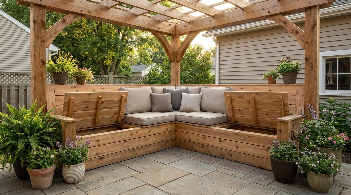 L-shaped built-in bench seating constructed between pergola posts, featuring weather-resistant cushions and hidden storage with hinged lids, designed to maximize seating capacity in corner pergolas for small gardens.