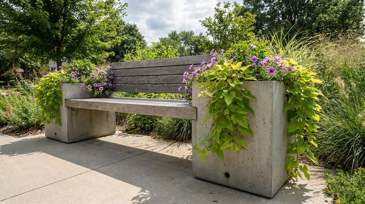 A modern garden bench featuring concrete legs that extend upward to form integrated planter boxes, filled with trailing plants like sweet potato vine or petunias that cascade over the seat edges. Wood slats span between the planted columns, surrounded by lush foliage, with drainage holes and landscape fabric for optimal plant health.
