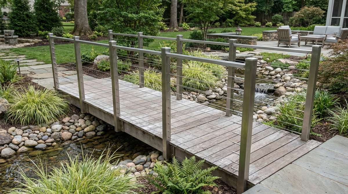 A modern small garden bridge featuring stainless steel cable railings strung between metal posts, creating nearly invisible safety barriers that preserve views of water features and plantings. The minimalist design maintains clear sight lines while meeting building codes with proper cable spacing.