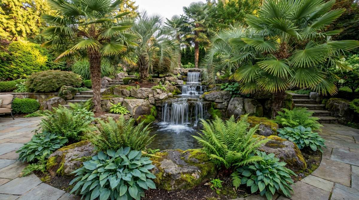A multi-tier waterfall framed by tall palms, creating a resort-style luxury feature in a tropical garden. The vertical water movement adds drama and masks ambient noise, while asymmetrically planted palms provide scale and frame the feature. Underplanted with moisture-tolerant ferns and hostas at the base, thriving in the humid microclimate from the waterfall's spray.
