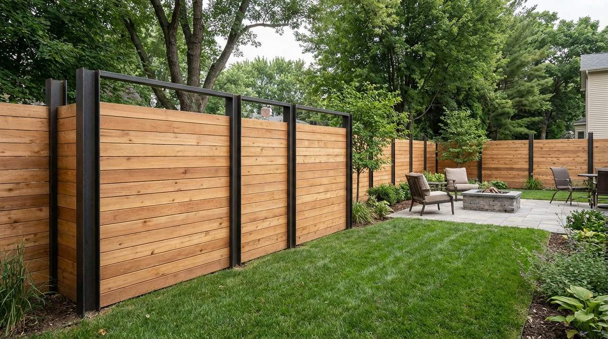 A garden fence design featuring warm cedar horizontal boards framed between structural steel posts, with the material contrast emphasizing vertical posts while horizontal wood provides natural softness. This pairing merges modern industrial elements with traditional wood warmth, suitable for transitional architecture styles.