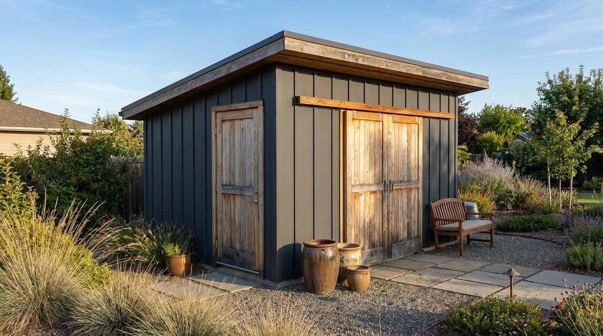 A modern garden shed featuring deep charcoal gray siding with natural cedar wood accents on doors and trim. The two-tone design combines sophisticated neutral tones with organic warmth, balancing contemporary restraint with approachable texture. The warm gray tones with brown undertones complement the unsealed cedar that weathers naturally over time, creating an evolving patina. This versatile combination bridges traditional and contemporary garden design styles.