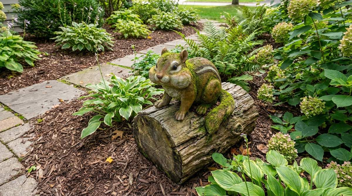 A realistic chipmunk figurine perched on a log section with stuffed cheeks, showcasing food-gathering behavior. Ideal for placement along garden pathways or near plantings, with a stable log base that creates a natural setting without extra props.