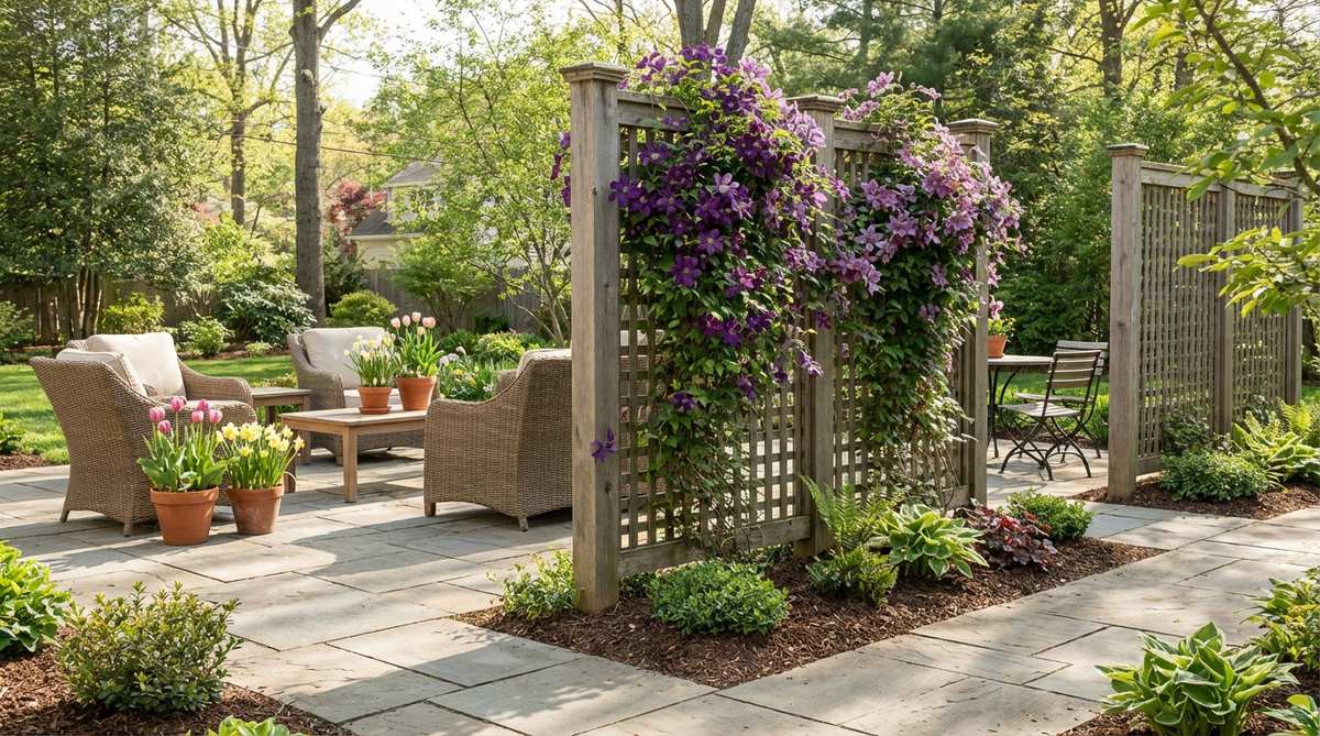 A freestanding lattice panel covered in purple clematis flowers, dividing a patio into intimate zones while maintaining air circulation and privacy. Perfect for spring outdoor decor with easy pruning and mulching tips.