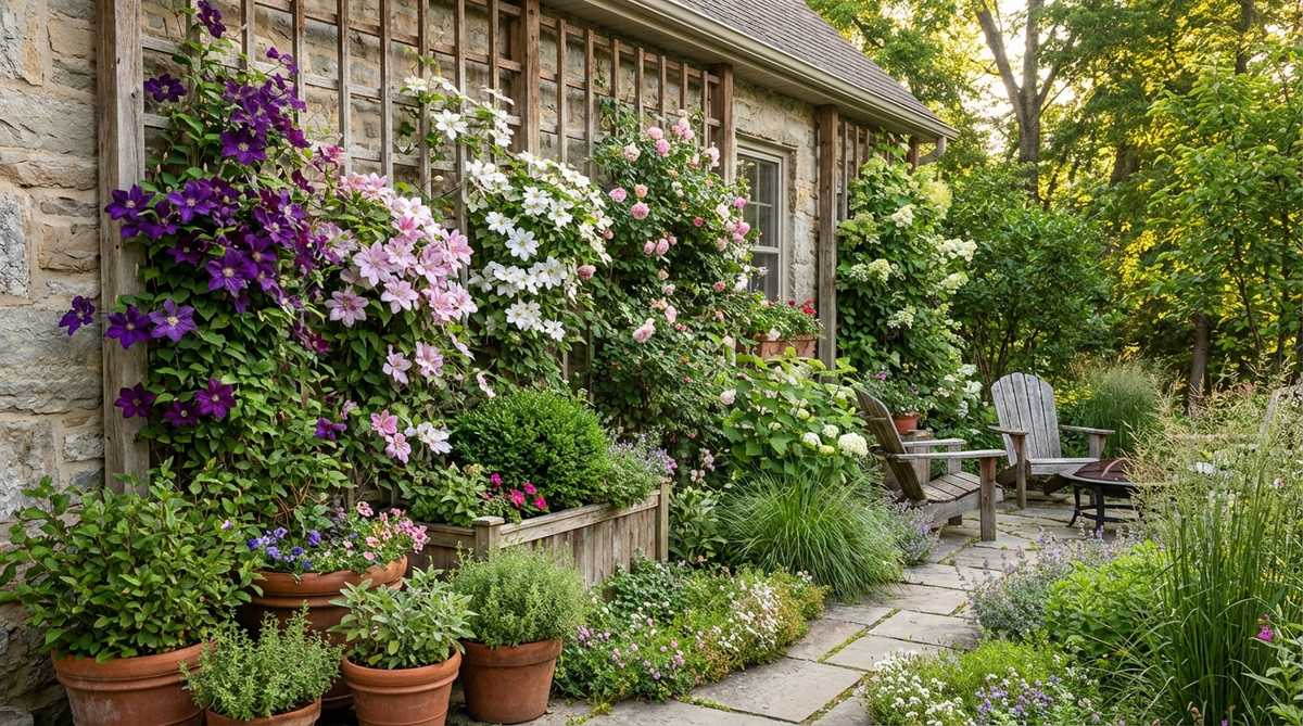 A vertical garden display featuring clematis vines with large, colorful flowers trained on a trellis, showcasing layered planting for continuous blooms from spring to fall in a small garden cottage setting.