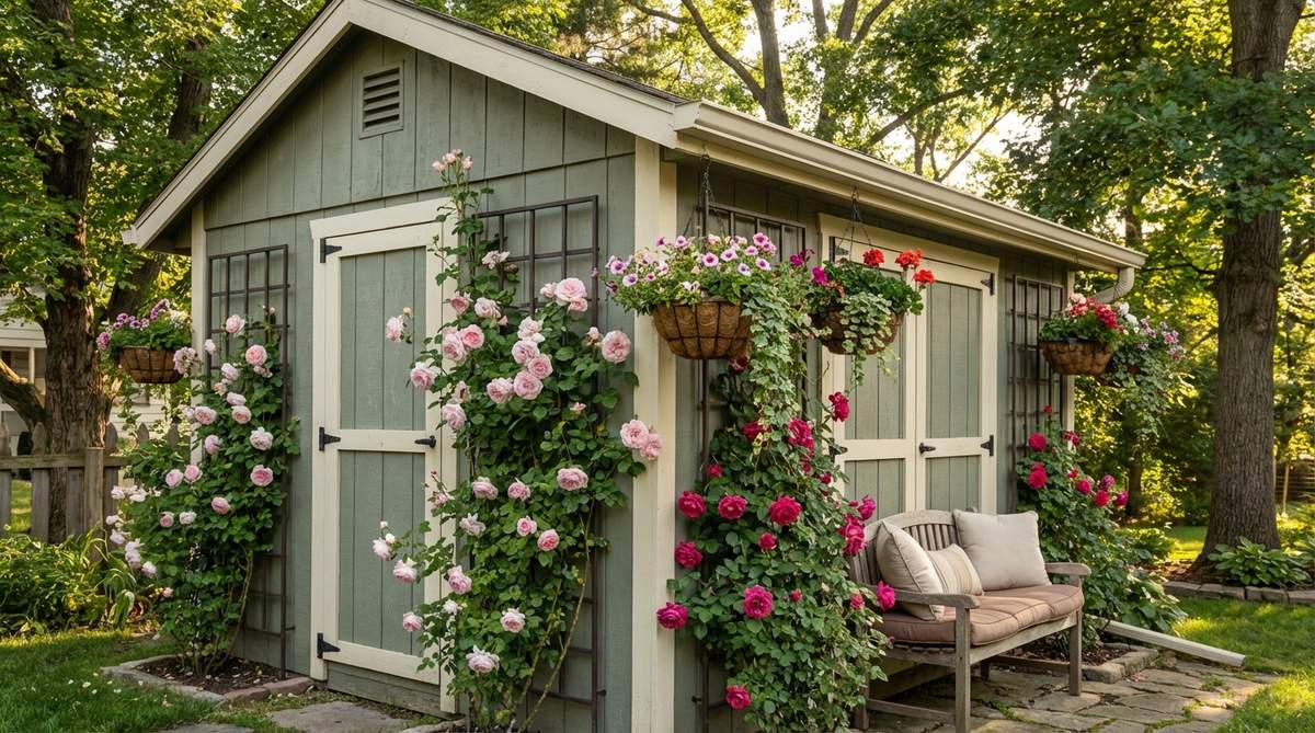 A cozy garden shed adorned with climbing roses, featuring antique varieties like 'New Dawn' and 'Zephirine Drouhin' trained on trellises, with complementary paint colors and hanging baskets for a romantic, fragrant retreat.