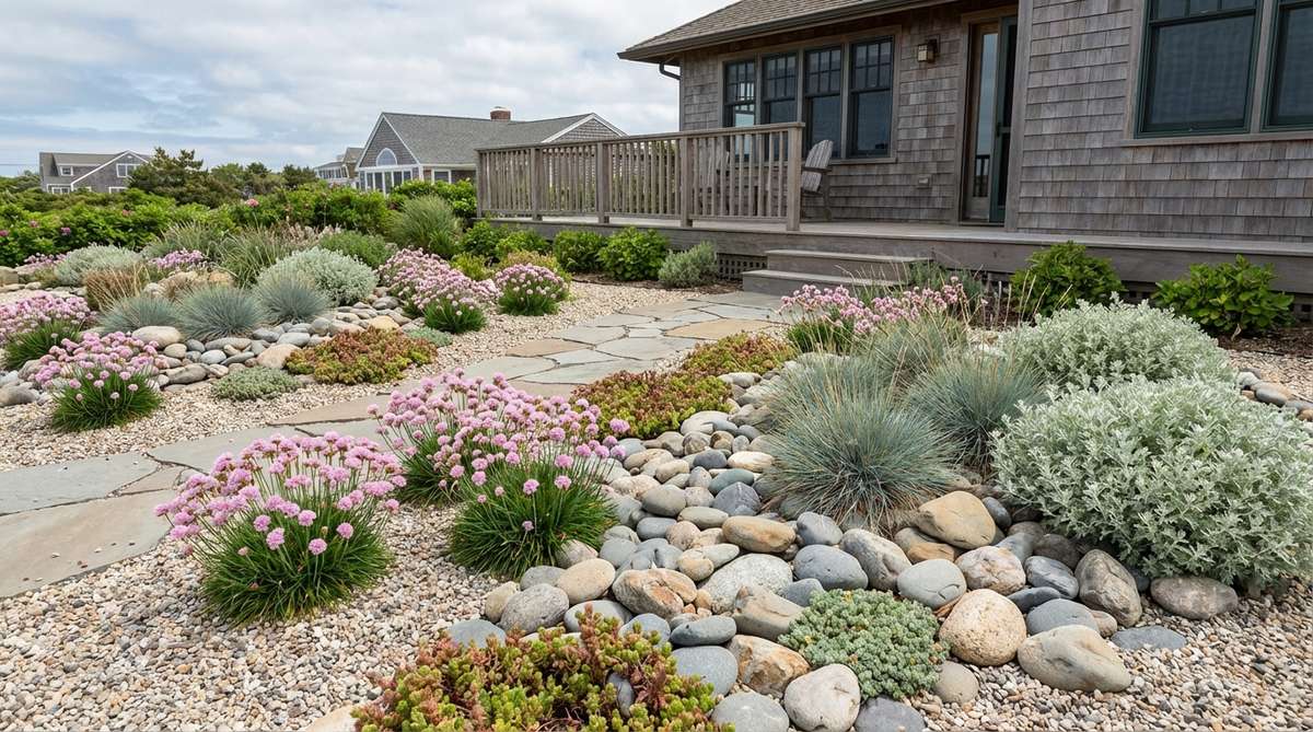 A small garden rockery featuring coastal plants like sea pinks, grasses, and silver-foliaged species arranged with smooth beach stones and pale gravel mulch, mimicking a seaside landscape with wind and salt-tolerant resilience.