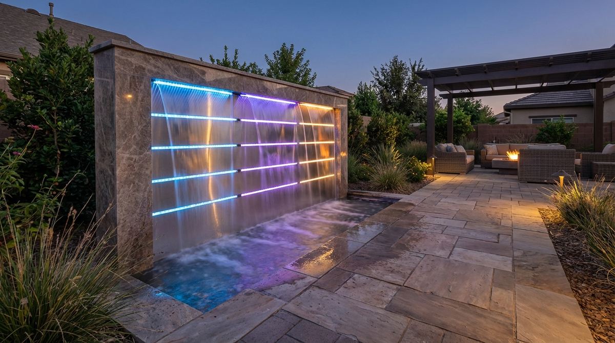 A contemporary garden fountain featuring a color-changing water wall panel with integrated LED strips. The water flows over illuminated surfaces, creating dynamic color-wash effects that can be programmed or synchronized with music. This energy-efficient design serves as living art, perfect for modern patios and entertainment areas.