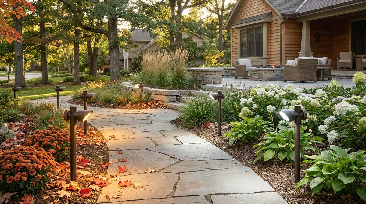 Outdoor path lights with adjustable color temperature, featuring selectable warm and cool white LEDs that adapt to seasonal preferences. These lights provide warmer tones for autumn ambiance and cooler output for summer clarity, with a tool-free switch mechanism for easy adjustment. The dual-mode functionality accommodates changing landscape palettes as seasonal plantings transition, eliminating the need for fixture replacement to modify atmosphere.