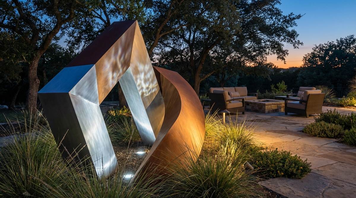 A contemporary garden sculpture illuminated by an advanced LED lighting system with adjustable color temperatures. The installation showcases how cool white light emphasizes crisp details in modern sculptures while warm ambient tones complement organic or classical forms. Programmable lighting creates temporal variation throughout the evening, maintaining visual interest and harmony with the garden surroundings.