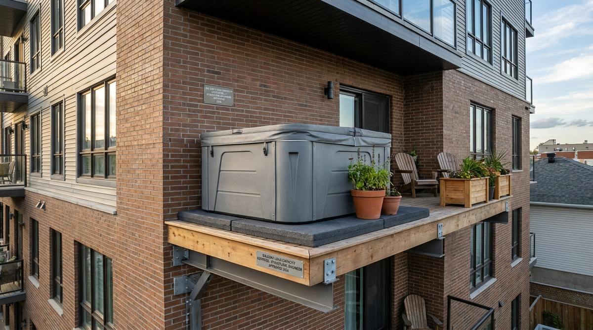 A lightweight inflatable or rotomolded hot tub installed on a reinforced balcony, positioned near load-bearing walls with insulating base pads. This setup is designed for urban apartments or townhomes, emphasizing safety with structural verification and compliance for elevated installations.