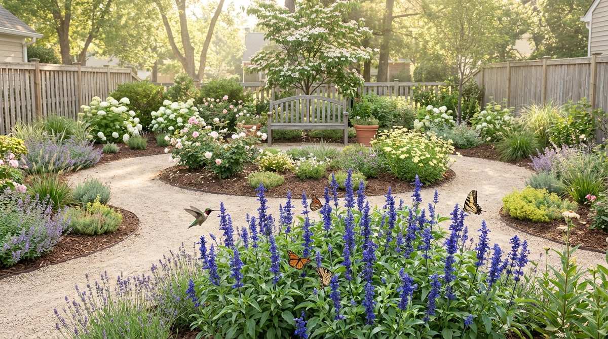 A vibrant close-up of compact salvia 'Victoria Blue' showcasing its deep blue vertical flower spikes and aromatic foliage, attracting hummingbirds and butterflies in a sunny small garden setting.