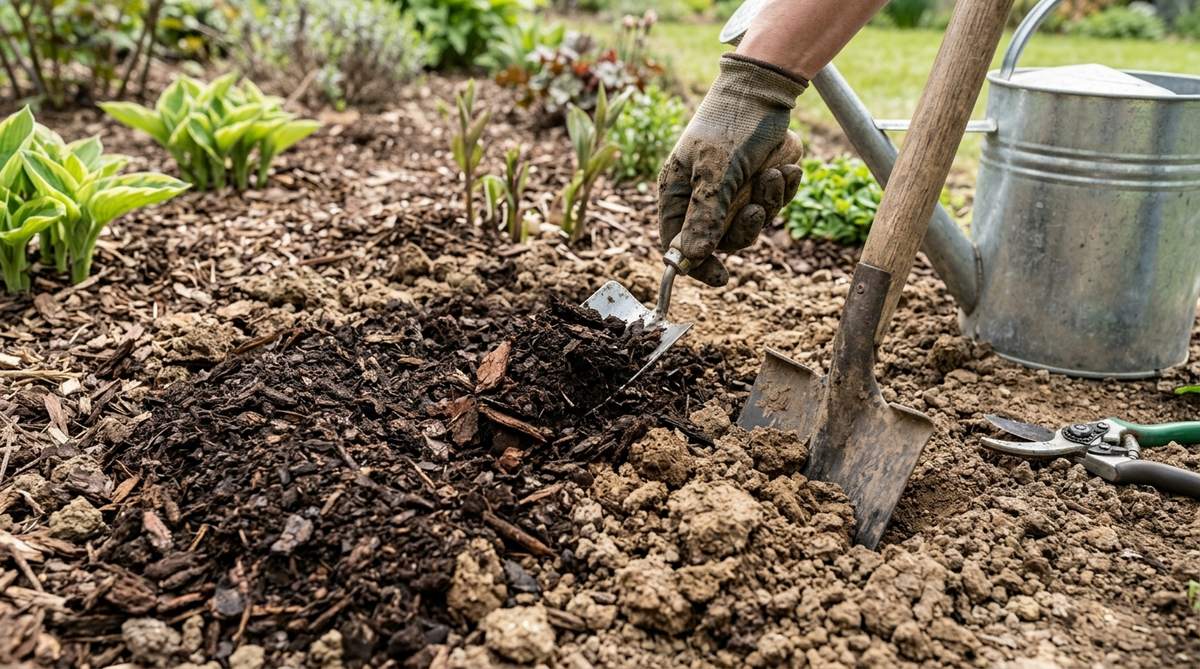 A close-up photo showing composted bark being mixed into garden soil to improve drainage and aeration. The dark, partially decomposed bark material is visible as it integrates with clay soil, with gardening tools nearby. This natural soil amendment helps feed beneficial microorganisms and warms root zones for better plant growth.