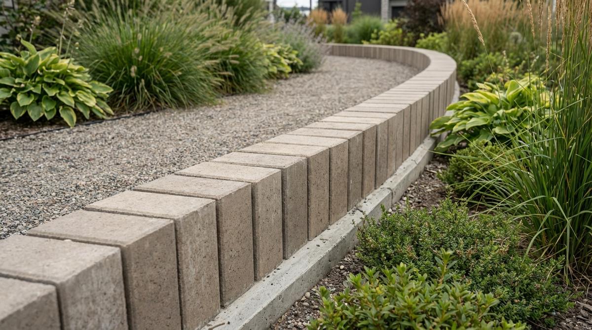 A close-up view of concrete pavers installed vertically as soldier course edging, creating a linear border with dimensional depth and rhythmic visual interest along a garden pathway, set in a concrete footing for stability in a modern landscape design.
