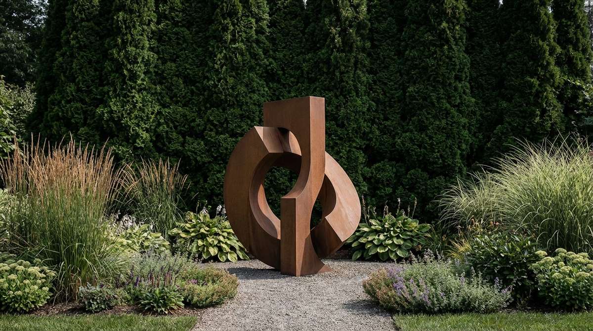 A modern abstract metal sculpture in a garden setting, featuring geometric or organic forms made from weathering steel or powder-coated aluminum. The sculpture contrasts beautifully with soft plant forms and is positioned against an evergreen hedge backdrop with proper viewing clearance.