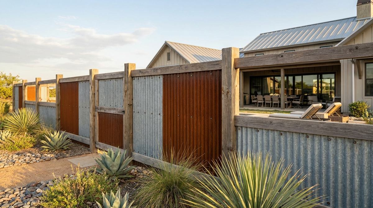 A garden fence featuring galvanized or corten steel corrugated panels set within a wooden frame, showcasing industrial character with vertical ribs for visual rhythm. The construction uses 4x4 posts and 2x4 horizontal rails, with panels attached using exterior screws and neoprene washers to prevent leaks. Corten steel develops a protective rust patina over 6-12 months, harmonizing with desert landscapes and modern farmhouse aesthetics.