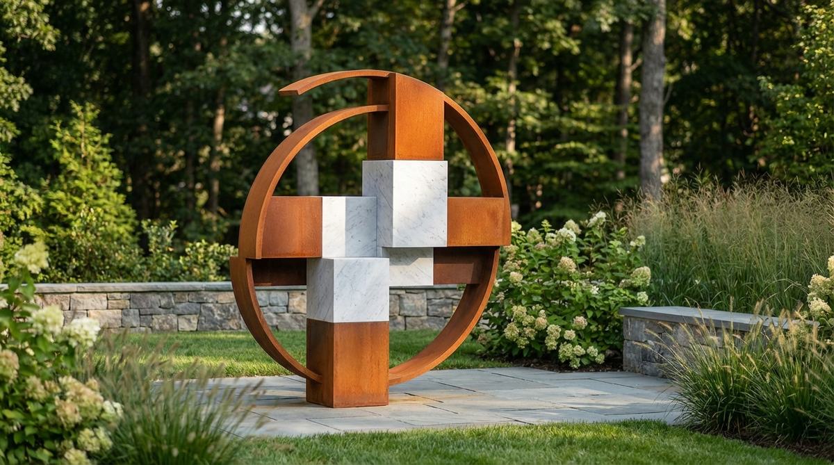 A modern garden sculpture featuring rust-orange Corten steel paired with white Carrara marble, showcasing striking color and textural contrast. This piece combines geometric marble forms nested within or balanced against weathering steel frameworks, blending classical statuary with contemporary industrial design, ideal for sophisticated gardens.