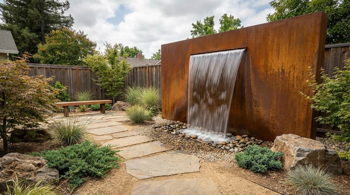 A contemporary Corten steel water wall in a zen garden, featuring weathering steel panels with a rich rust patina that creates ever-changing visual interest. Water flows down the vertical surface in a smooth sheet, producing consistent white noise ideal for meditation spaces, while the warm orange-brown tones complement surrounding stone and plant materials.