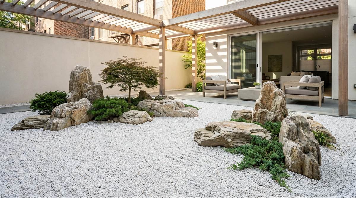 A minimalist Japanese garden courtyard filled with fine white gravel, creating a serene sea-like expanse. Carefully positioned rock groupings serve as focal points within the open space, maximizing the sense of depth and tranquility in an urban garden setting. The light-colored gravel reflects sunlight to brighten shaded areas and enhance the illusion of spaciousness.
