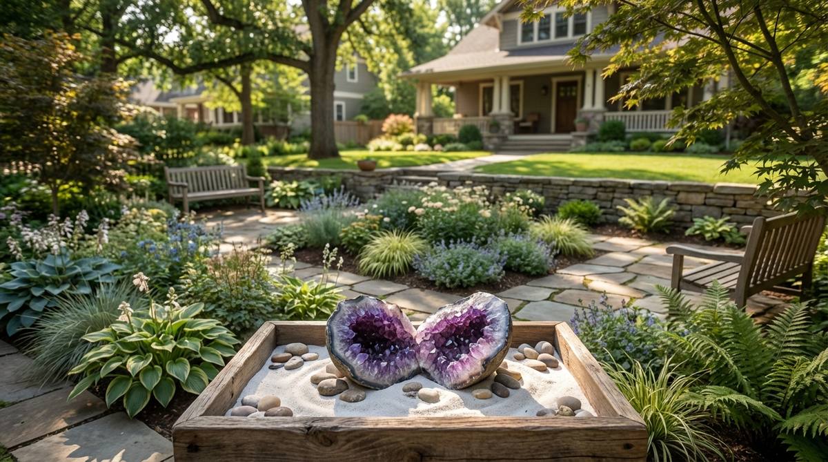 A split amethyst geode with purple crystal formations in a 7-inch wooden tray, surrounded by white sand, blending crystal therapy with zen meditation for dynamic light effects throughout the day.