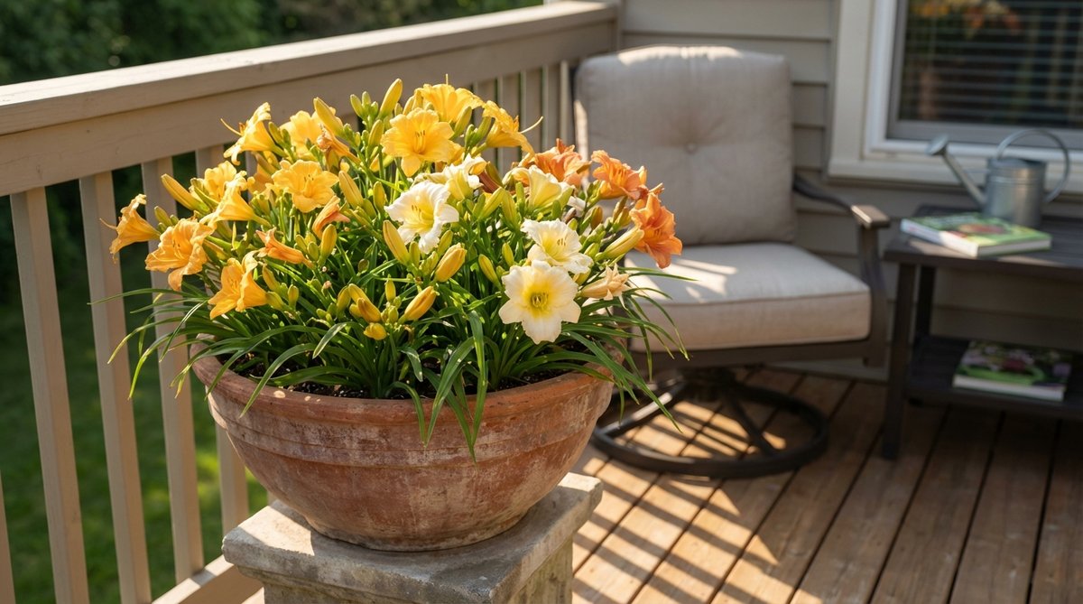 A close-up view of dwarf daylily cultivars with trumpet-shaped blooms in a large container on a sunny balcony. The vibrant flowers showcase the plant's continuous blooming cycle, with some buds ready to open. The container is appropriately sized to accommodate the fleshy root system, and the setting illustrates ideal conditions for daylilies in balcony gardening.