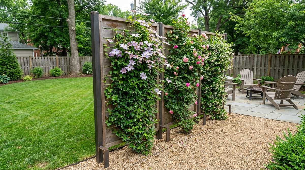 A modern freestanding garden screen with plantable surfaces on both sides, serving as a versatile room divider or property buffer. Features ground anchors for stability and supports flowering vines and evergreen climbers for customizable garden spaces.