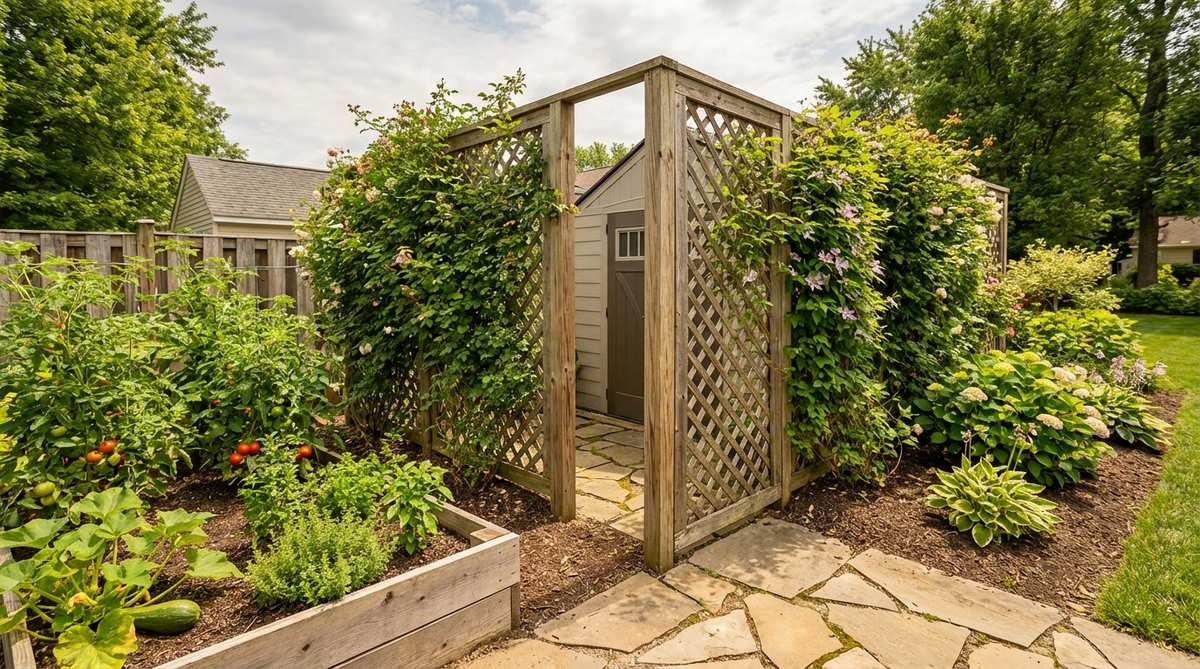 A freestanding 4-foot-wide garden room divider screen with lattice panels on both sides, creating a living wall that separates functional zones in a small garden. The double-sided design allows for planting on both surfaces, with vines growing on the structure to partition vegetable gardens from ornamental beds or screen utility areas.