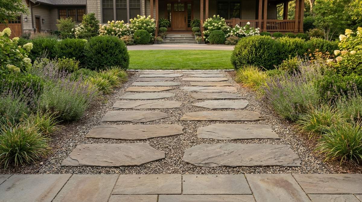 A garden pathway featuring two parallel rows of stepping stones spaced 12-14 inches apart, with staggered stone placement creating a syncopated rhythm. This formal arrangement accommodates side-by-side walking and is ideal for main garden routes, front entries, or patio approaches.