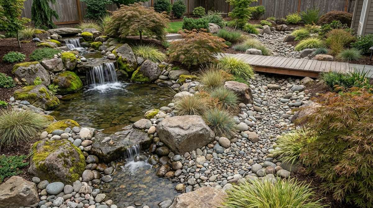 A Japanese garden feature showing a water feature transitioning to a dry streambed using river rocks and boulders, illustrating seasonal flow patterns and water conservation design principles.