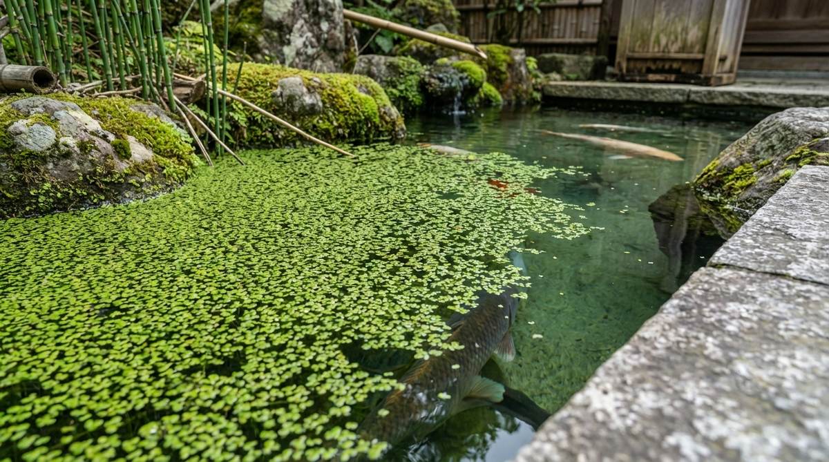 A close-up view of duckweed floating on the surface of a Japanese garden pond, illustrating how this tiny plant forms a green carpet that naturally filters water by absorbing ammonia and nitrates while serving as supplemental food for koi fish.