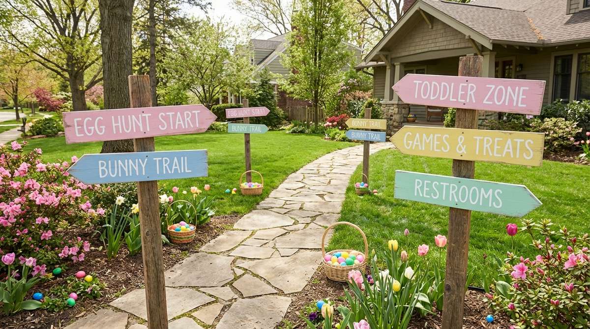 Wooden arrow signs painted in pastel colors with directional text, mounted on stakes to guide guests to egg hunt zones in an outdoor Easter decor setting.