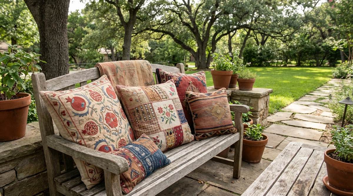 A collection of handcrafted embroidered cushions featuring mirror work, suzani embroidery, and cross-stitch patterns in vintage boho decor style, showcasing global textile traditions with floral, geometric, and ethnic motifs for eclectic home styling.